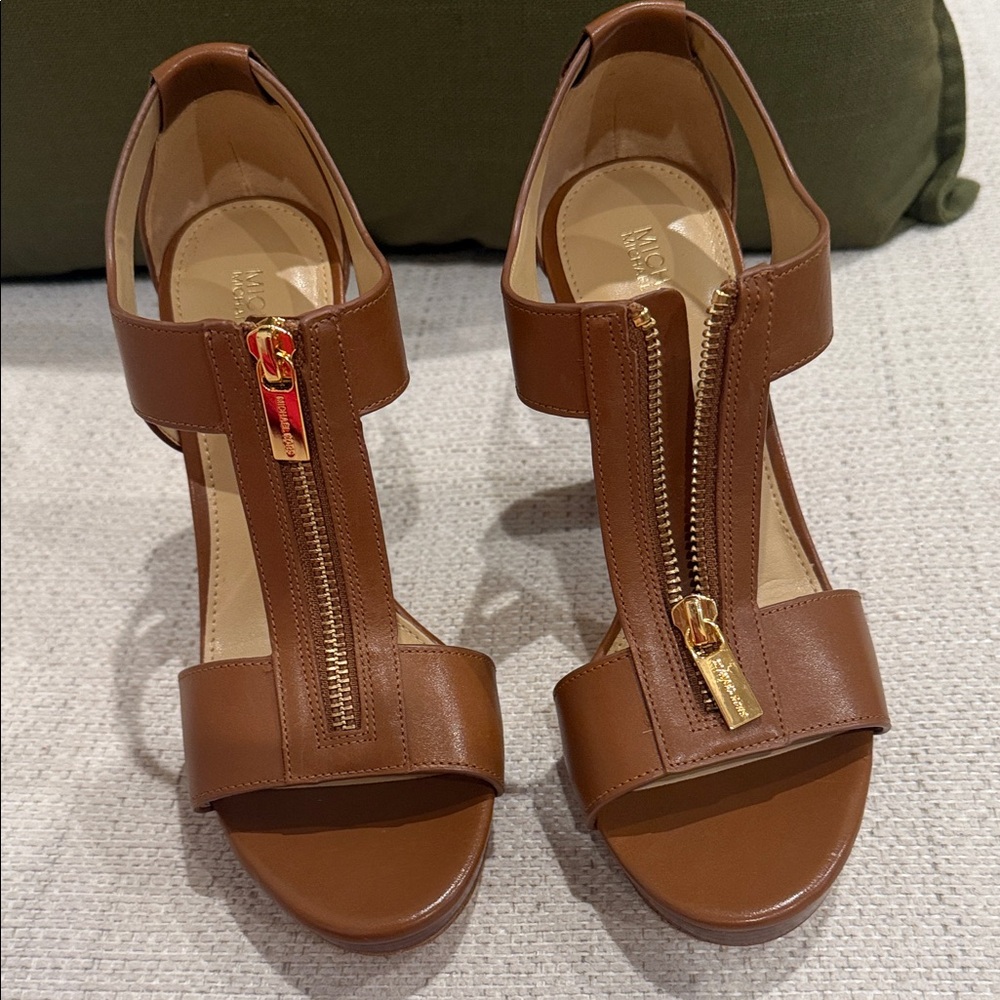 Michael Kors Brown Leather Zip-Front Block Heel Sandals - Picture 2 of 3